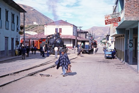 Guayaquil-Quito Railway steam locomotive no. 44 and passenger train no. 6 in Alausi, Chimborazo, Ecuador, on July 24, 1988. Photograph by Fred M. Springer, © 2014, Center for Railroad Photography and Art, Springer-ECU1-06-12