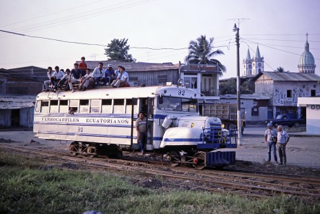 Empresa de Ferrocarriles Ecuatorianos Railbus no. 92 in Yaguachi, Guayas, Ecuador, on July 22, 1988. Photograph by Fred M. Springer, © 2014, Center for Railroad Photography and Art, Springer-ECU1-03-19