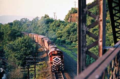 Eastbound Lehigh Valley Railroad freight train on Delaware and Hudson Railway track at Dupont, Pennsylvania, on July 21, 1975. Photograph by John F. Bjorklund, © 2016, Center for Railroad Photography and Art. Bjorklund-82-20-02