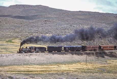 Viejo Expreso Patagónico (Old Patagonian Express)  2-8-2 steam locomotive no. 4 leads a passenger train at kilometer post 25.5 in Cerro Mesa, Río Negro, Argentina,on October 15, 1991. Photograph by Fred M. Springer, © 2014, Center for Railroad Photography and Art, Springer-PA-BR-SOAM-ME-ARG2-24-35