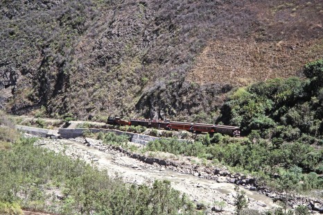 Guayaquil and Quito Railway steam locomotive no. 45 with passenger train near Huigra, Chimborazo, Ecuador, on July 31, 1988. Photograph by Fred M. Springer, © 2014, Center for Railroad Photography and Art, Springer-ECU1-16-02