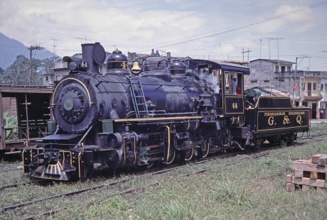 Guayaquil-Quito Railway steam locomotive no. 44 in Bucay, Chimborazo, Ecuador, on August 2, 1988. Photograph by Fred M. Springer, © 2014, Center for Railroad Photography and Art, Springer-ECU1-19-19