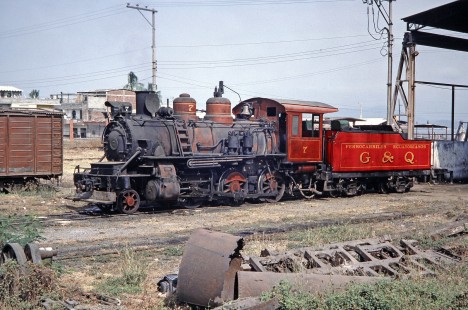 Guayaquil and Quito Railway steam locomotive no. 7 in a train yard in Durán, Guayas, Ecuador, on July 30, 1988. Photograph by Fred M. Springer, © 2014, Center for Railroad Photography and Art, Springer-ECU1-15-22
