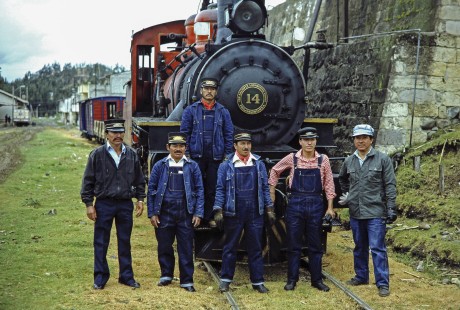 Guayaquil-Quito Railway employees with steam locomotive no. 14 near Azogues, Canar, Ecuador, on July 12, 1990. Photograph by Fred M. Springer, © 2014, Center for Railroad Photography and Art, Springer-SOAM1-04-23