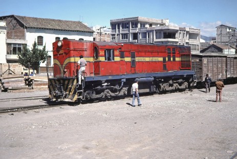Empresa de Ferrocarriles Ecuatorianos diesel locomotive no. 160 hauls a freight train in Riobamba, Chimborazo, Ecuador, on July 27, 1988. Photograph by Fred M. Springer, © 2014, Center for Railroad Photography and Art, Springer-ECU1-11-05
