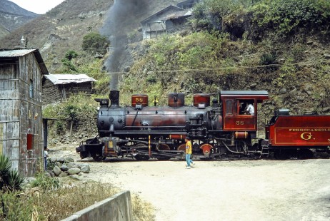 Guayaquil-Quito Railway steam locomotive no. 58 at Chanchan, a town between Alausi and Huigra in Chimborazo province of Ecuador on July 10, 1990. Photograph by Fred M. Springer, © 2014, Center for Railroad Photography and Art, Springer-SOAM1-02-01