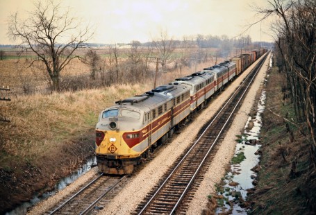 Westbound Erie Lackawanna Railway freight train near Huntington, Indiana, on March 27, 1976. Photograph by John F. Bjorklund, © 2016, Center for Railroad Photography and Art. Bjorklund-55-30-10