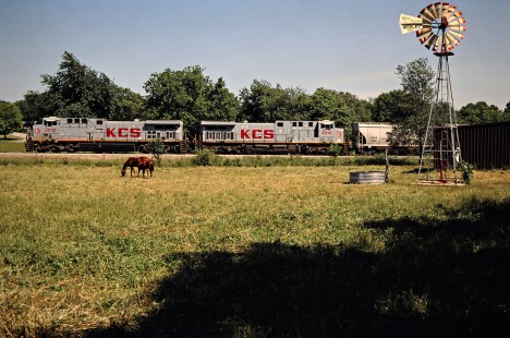 Northbound Kansas City Southern Railway freight train in Goodman, Missouri, on May 23, 2000. Photograph by John F. Bjorklund, © 2016, Center for Railroad Photography and Art. Bjorklund-62-19-13