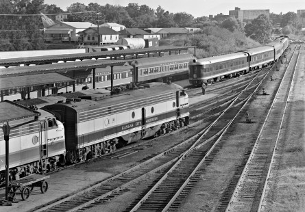 Switcher assembles northbound Kansas City Southern Railway <i>Southern Belle</i> passenger train at Shreveport, Louisiana, in August 1964. Note Illinois Central Railroad passenger train in rear, which will make night run to Meridian, Mississippi. Photograph by J. Parker Lamb, © 2016, Center for Railroad Photography and Art. Lamb-02-079-10