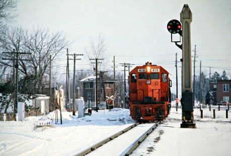 Southbound Detroit, Toledo and Ironton Railroad freight train at Carleton, Michigan, on February 9, 1974. Photograph by John F. Bjorklund, © 2016, Center for Railroad Photography and Art. Bjorklund-50-08-11
