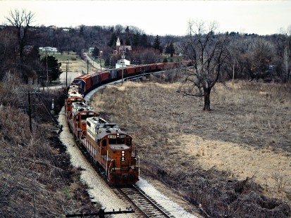 Eastbound Illinois Central Gulf Railroad freight train in Dubuque, Iowa, on April 7, 1984. Photograph by John F. Bjorklund, © 2016, Center for Railroad Photography and Art. Bjorklund-60-18-06