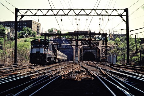 Westbound Conrail (ex-Erie Lackawanna) commuter passenger train exiting tunnel at Hoboken, New Jersey, on May 8, 1981. Photograph by John F. Bjorklund, © 2015, Center for Railroad Photography and Art. Bjorklund-57-14-08