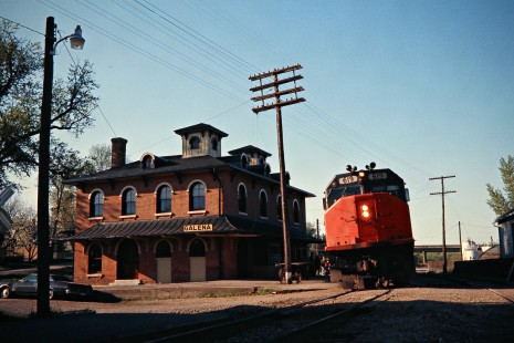 Eastbound Amtrak passenger train no. 372, the <i>Black Hawk</i>, on Illinois Central Gulf Railroad track at station in Galena, Illinois, on April 24, 1977. Photograph by John F. Bjorklund, © 2016, Center for Railroad Photography and Art. Bjorklund-60-09-07