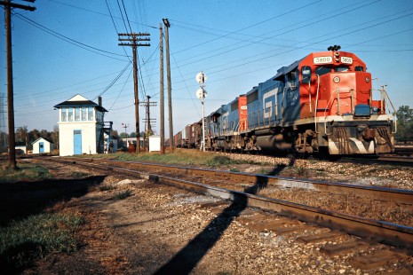 Eastbound Grand Trunk Western Railroad freight train passing Tappan Tower in Port Hudson, Michigan, on October 6, 1973. Photograph by John F. Bjorklund, © 2016, Center for Railroad Photography and Art. Bjorklund-58-15-08