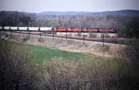 Southbound Detroit, Toledo and Ironton Railroad freight train next to the Norfolk and Western main line in Glen Jean, Ohio, on April 19, 1979. Photograph by John F. Bjorklund, © 2016, Center for Railroad Photographfreight train y and Art. Bjorklund-51-13-09