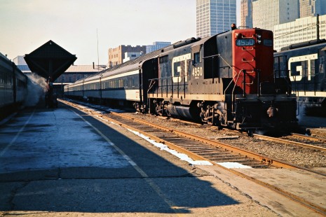 Grand Trunk Western Railroad commuter passenger trains at GTW's Brush Street Station in Detroit, Michigan, on February 13, 1973. Photograph by John F. Bjorklund, © 2016, Center for Railroad Photography and Art. Bjorklund-58-13-08