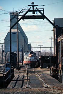 Western Maryland Railway locomotive at the Baltimore & Ohio roundhouse in Toledo, Ohio, on April 3, 1977. Photograph by John F. Bjorklund, © 2016, Center for Railroad Photography and Art. Bjorklund-92-25-06