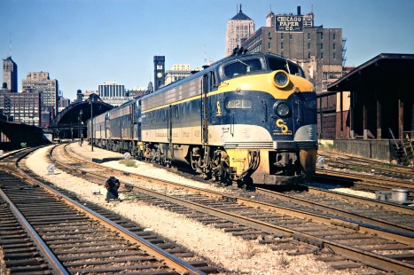 Baltimore and Ohio Railroad passenger train no. 6, the <i>Capitol Limited</i>, (with lead Chesapeake and Ohio Railway unit being used on no. 8, <i>Pere Marquette</i> for Grand Rapids) at Grand Central Station in Chicago, Illinois, during September 1968. Photograph by John F. Bjorklund, © 2016, Center for Railroad Photography and Art. Bjorklund-92-09-03