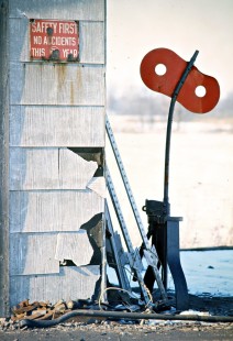 Detroit, Toledo and Ironton Railroad switch stand at Diann Tower in Dundee, Michigan, on February 9, 1974. Photograph by John F. Bjorklund, © 2016, Center for Railroad Photography and Art. Bjorklund-50-09-19
