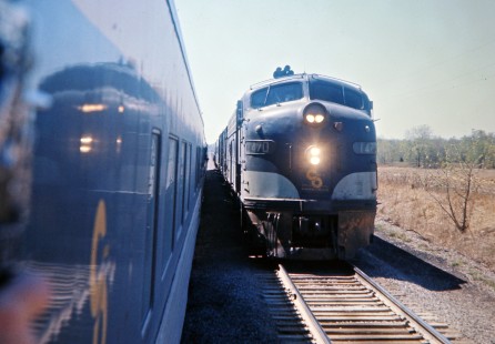 View from Chesapeake and Ohio Railway passenger train no. 2, <i>George Washington</i>, west of Vincennes, Indiana, on April 24, 1971. Photograph by John F. Bjorklund, © 2016, Center for Railroad Photography and Art. Bjorklund-92-11-16