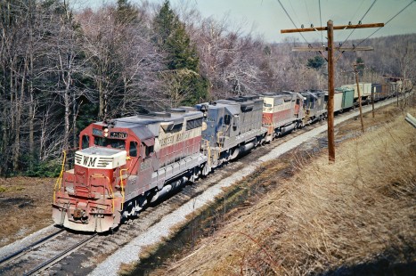 Eastbound Western Maryland Railway freight train near Sand Patch, Pennsylvania, on March 23, 1975. Photograph by John F. Bjorklund, © 2016, Center for Railroad Photography and Art. Bjorklund-92-05-16