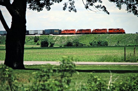 Southbound Detroit, Toledo and Ironton Railroad freight train in Delta, Ohio, on June 6, 1982. Photograph by John F. Bjorklund, © 2016, Center for Railroad Photography and Art. Bjorklund-52-13-07