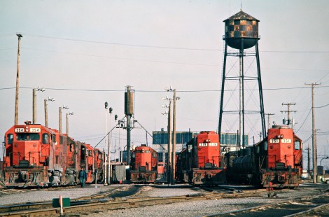 Detroit, Toledo and Ironton Railroad locomotives at the servicing facility in Flat Rock, Michigan, on November 16, 1974. Photograph by John F. Bjorklund, © 2016, Center for Railroad Photography and Art. Bjorklund-50-17-16