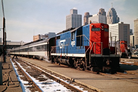 Grand Trunk Western Railroad commuter passenger trains at Brush Street Station in Detroit, Michigan, on February 13, 1973. Photograph by John F. Bjorklund, © 2016, Center for Railroad Photography and Art. Bjorklund-58-13-23
