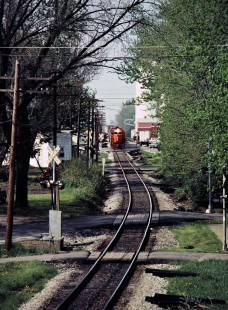 Southbound Detroit, Toledo and Ironton Railroad freight train  on Baltimore and Ohio in Columbus Grove, Ohio, on May 8, 1982. Photograph by John F. Bjorklund, © 2016, Center for Railroad Photography and Art. Bjorklund-52-11-04
