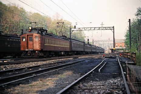 Eastbound Conrail (ex-Erie Lackawanna) commuter passenger train at station in Dover, New Jersey, on May 6, 1981. Photograph by John F. Bjorklund, © 2015, Center for Railroad Photography and Art. Bjorklund-57-02-09