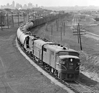 Northbound FA locomotive (with EMD engine) leads Chicago, Rock Island and Pacific Railroad freight train upgrade as it departs Fort Worth, Texas, in August 1964. Photograph by J. Parker Lamb, © 2016, Center for Railroad Photography and Art. Lamb-02-073-09