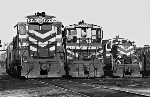 Early morning lineup of Katy units at yard in Denison, Texas, in March 1988. (The RS2 at left has an EMD engine.) Photograph by J. Parker Lamb, © 2016, Center for Railroad Photography and Art. Lamb-02-048-02