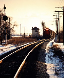 Northbound Detroit, Toledo and Ironton Railroad freight train on Baltimore and Ohio track in Columbus Grove, Ohio, on February 2, 1980. Photograph by John F. Bjorklund, © 2016, Center for Railroad Photography and Art. Bjorklund-51-25-16