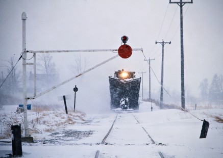 Northbound Grand Trunk Western Railroad plow in Clifford, Michigan, on January 31, 1977. Photograph by John F. Bjorklund, © 2016, Center for Railroad Photography and Art. Bjorklund-58-20-08