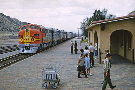 Santa Fe Railway passenger train no. 124, the eastbound <i>Grand Canyon Limited</i>, arriving in Lamy, New Mexico, on May 26, 1961. Photograph by Fred M. Springer, © 2016, Center for Railroad Photography and Art. Springer-CO1-15-02
