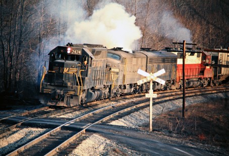 Eastbound Western Maryland Railway freight train in Mount Savage, Maryland, on March 22, 1975. Photograph by John F. Bjorklund, © 2016, Center for Railroad Photography and Art. Bjorklund-92-04-19