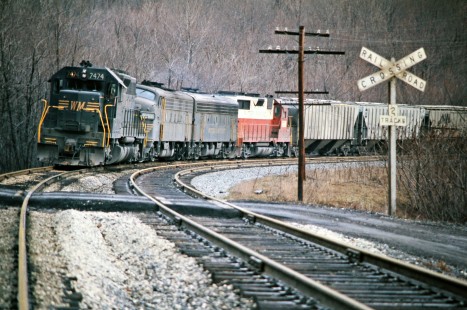 Eastbound Western Maryland Railway freight train in Mount Savage, Maryland, on March 22, 1975. Photograph by John F. Bjorklund, © 2016, Center for Railroad Photography and Art. Bjorklund-92-03-10