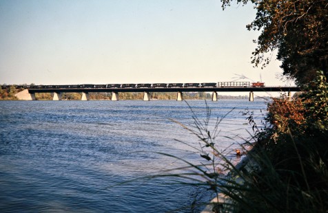 Northbound Detroit, Toledo and Ironton Railroad freight train crossing the Maumee River in Delta, Ohio, on October 5, 1974. Photograph by John F. Bjorklund, © 2016, Center for Railroad Photography and Art. Bjorklund-50-15-02