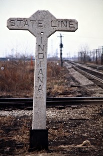 Baltimore and Ohio Railroad sign at State Line in Hammond, Indiana,  on March 26, 1977. Photograph by John F. Bjorklund, © 2016, Center for Railroad Photography and Art. Bjorklund-92-25-15