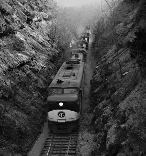 Eastbound Tennessee Central Railway freight train labors up Algood hill west of Cookeville, Tennessee, in April 1963. Photograph by J. Parker Lamb, © 2016, Center for Railroad Photography and Art. Lamb-02-025-08