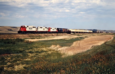 Westbound Soo Line Railroad freight train near Donnybrook, North Dakota, on July 5, 1980. Photograph by John F. Bjorklund, © 2016, Center for Railroad Photography and Art. Bjorklund-83-06-12