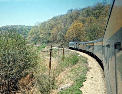 View of southern Indiana countryside from Chesapeake and Ohio Railway passenger train, the <i>George Washington</i>, in Mitchell, Indiana, on April 24, 1971. Photograph by John F. Bjorklund, © 2016, Center for Railroad Photography and Art. Bjorklund-92-11-21