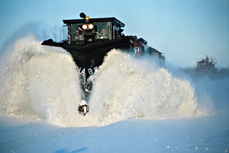 Westbound Grand Trunk Western Railroad plow in Greenville, Michigan, on February 11, 1979. Photograph by John F. Bjorklund, © 2016, Center for Railroad Photography and Art. Bjorklund-58-27-18