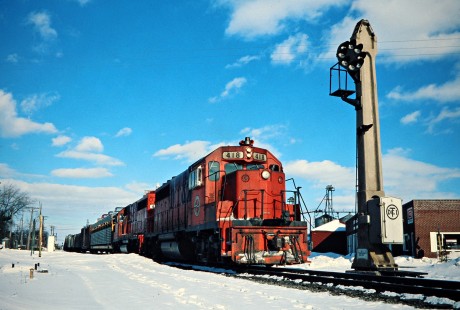 Southbound Detroit, Toledo and Ironton Railroad freight train in Carleton, Michigan, on March 4, 1978. Photograph by John F. Bjorklund, © 2016, Center for Railroad Photography and Art. Bjorklund-51-08-09