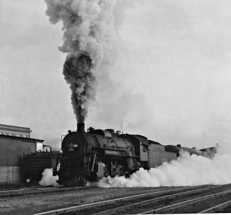 Illinois Central Railroad 2-8-2 no. 1258 leads westbound troop train away from station in Meridian, Mississippi, in December 1950. Photograph by J. Parker Lamb, © 2016, Center for Railroad Photography and Art. Lamb-02-035-03