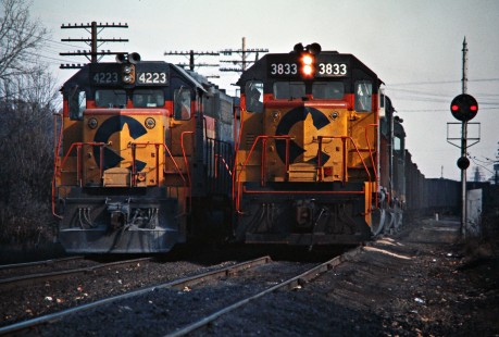 Southbound Baltimore and Ohio Railroad freight trains in Rossford, Ohio, on November 14, 1976. Photograph by John F. Bjorklund, © 2016, Center for Railroad Photography and Art. Bjorklund-92-25-22