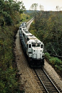 Northbound Kansas City Southern Railway locomotives near Sulphur Springs, Arkansason October 22, 1988. Photograph by John F. Bjorklund, © 2016, Center for Railroad Photography and Art. Bjorklund-62-09-15