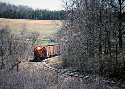 Southbound Detroit, Toledo and Ironton Railroad freight train in Black Fork, Ohio, on April 20, 1979. Photograph by John F. Bjorklund, © 2016, Center for Railroad Photography and Art. Bjorklund-51-16-15