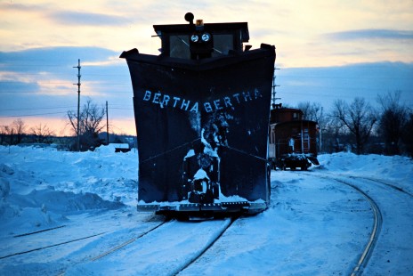 Grand Trunk Western Railroad plow in Greenville, Michigan, on February 11, 1979. Photograph by John F. Bjorklund, © 2016, Center for Railroad Photography and Art. Bjorklund-58-27-03