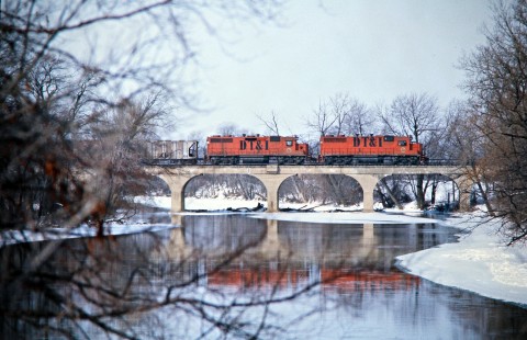 Northbound Detroit, Toledo and Ironton Railroad freight train at River Raisin in Dundee, Michigan, on February 9, 1974. Photograph by John F. Bjorklund, © 2016, Center for Railroad Photography and Art. Bjorklund-50-08-02